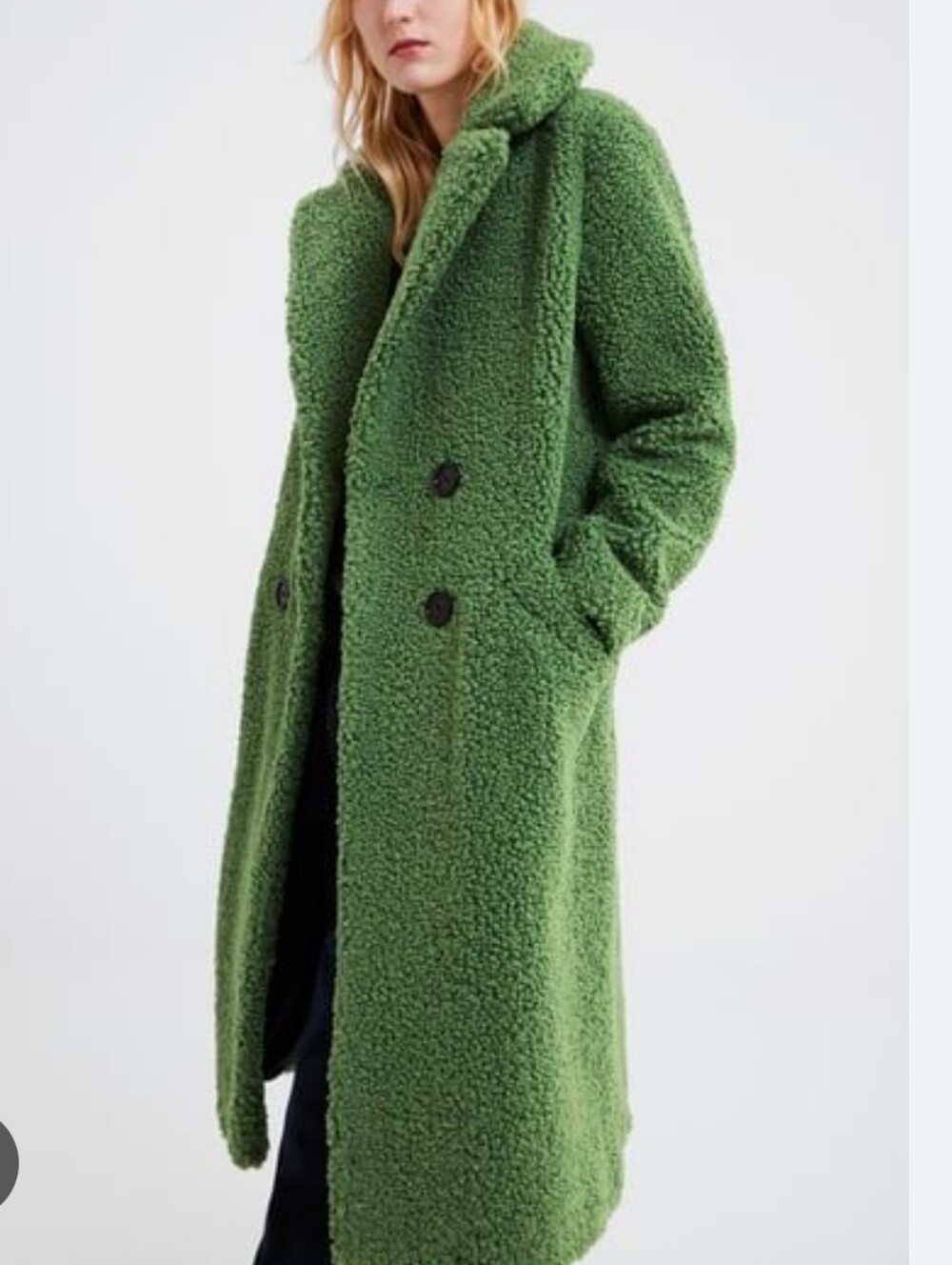 ZARA Green Teddy Bear Faux Fur Boucle Double Breasted Long Coat Jacket Size S